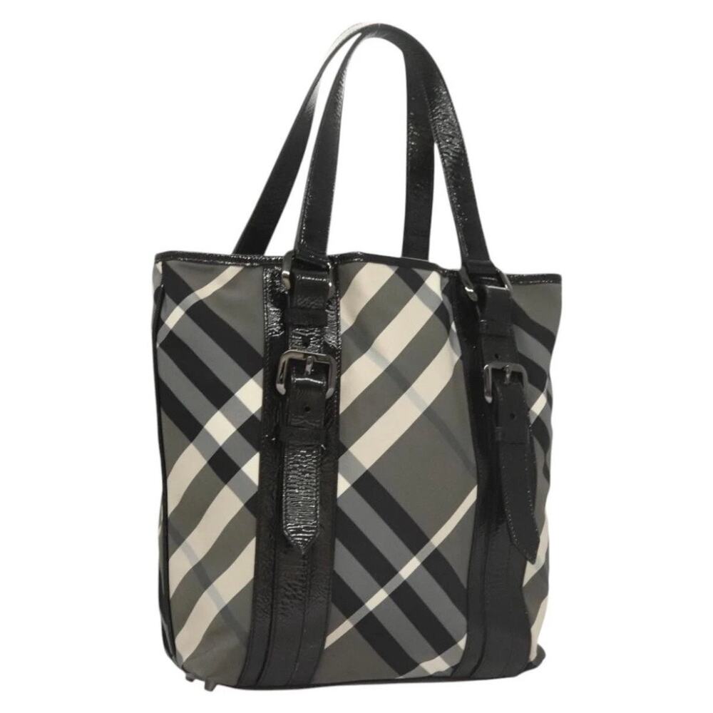 Burberry Nova Check Tote Bag Gray Nylon Patent Leather Shoulder Bag Italy